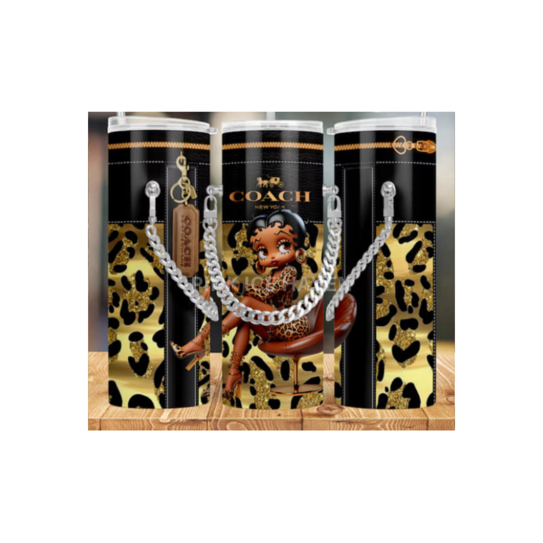 BLACK & GOLD CHEETAH BETTY BOOP WITH CHAIN 20 OZ TUMBLER