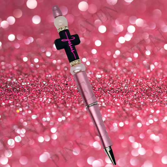 ROSE GOLD WITH HOT PINK JESUS CROSS BEADED PEN