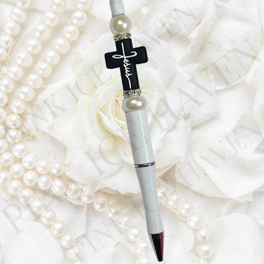 WHITE PEARL WITH JESUS CROSS BEADED PEN