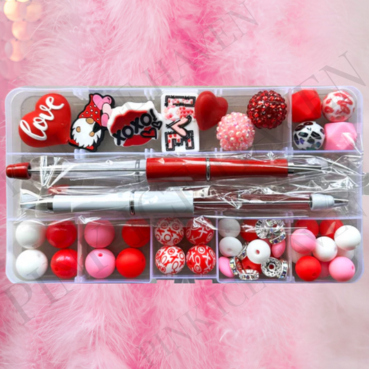 DIY RED WHITE & PINK BEADED PEN SET