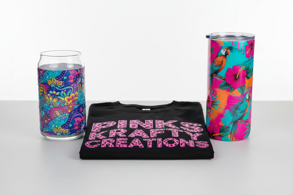 UV DTF WRAPS FOR LIBBEY 16 OZ, PRETTY DTF SHIRT WITH THE WORDS PINKS KRAFTY CREATIONS ON THE SHIRT IN THE COLOR PINK CHEETAH AND 20 OZ SUBLIMATED TUMBLER
